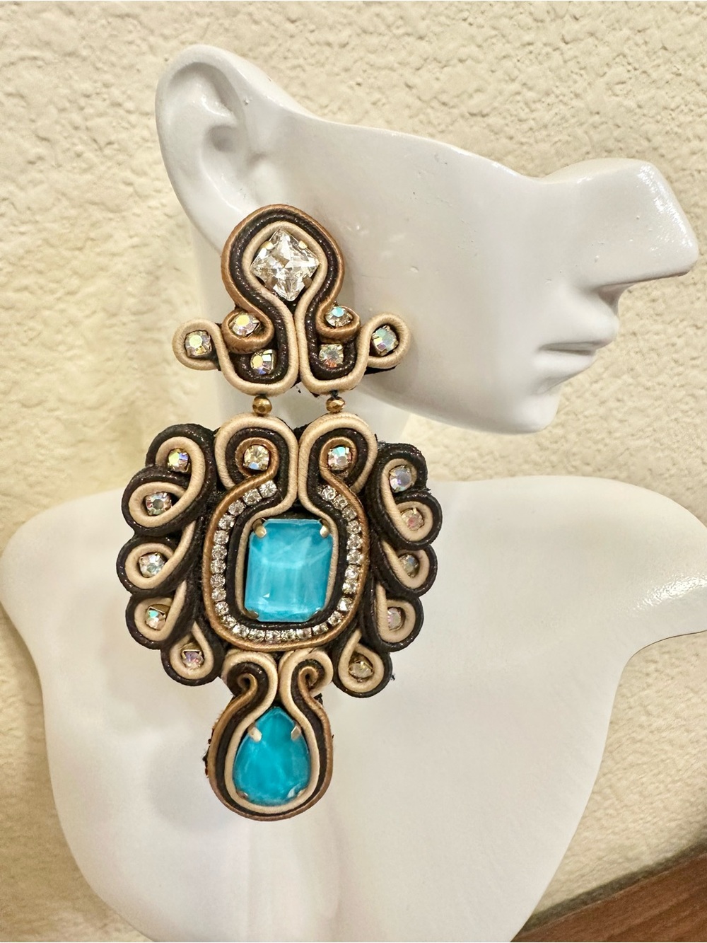Elegant Handmade Black & Gold Soutache Statement Earrings w/ Turquoise Crystals